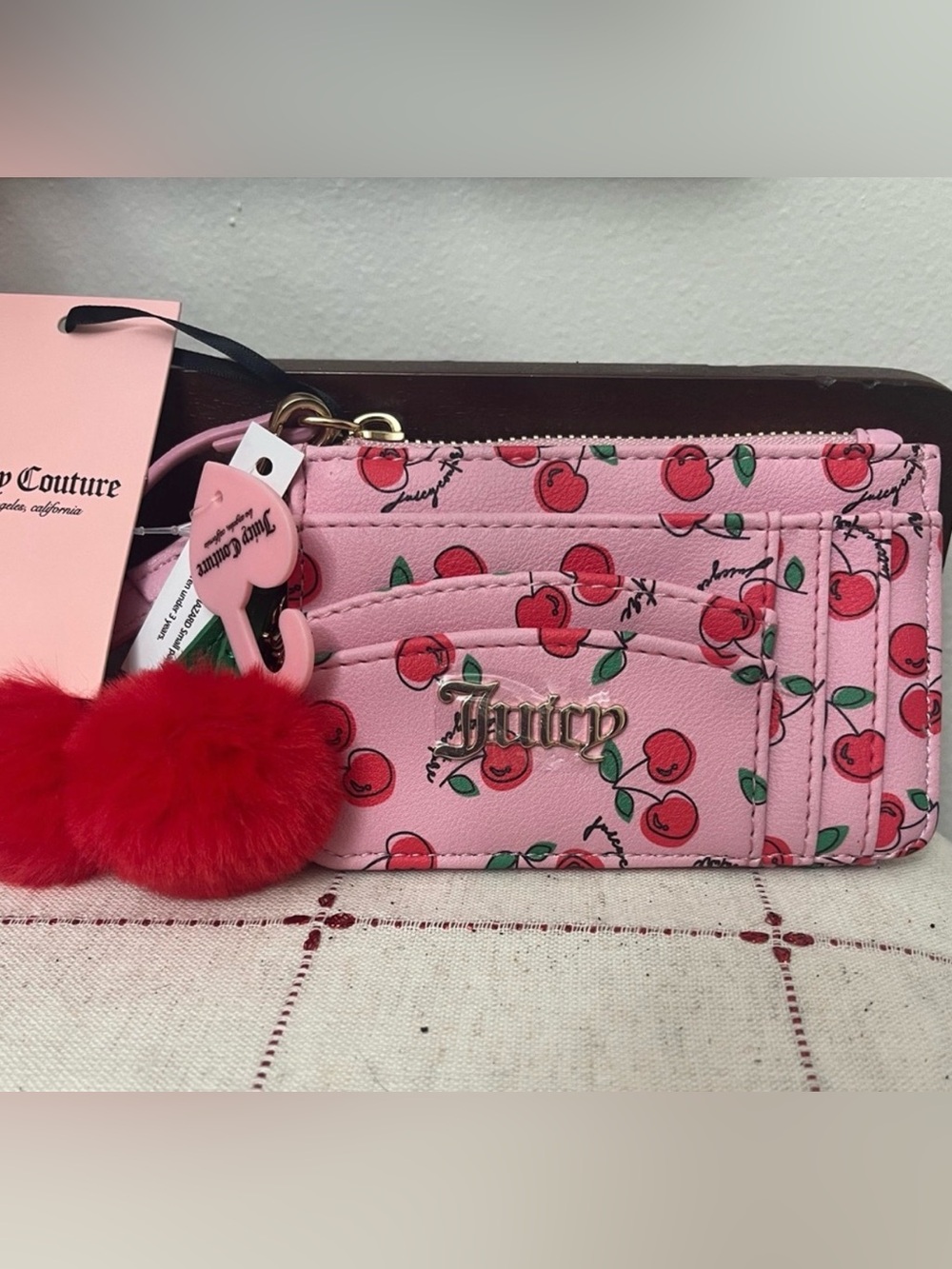 NWT Juicy Couture Pink Cherry Print Card Holder with Red Pom Charm